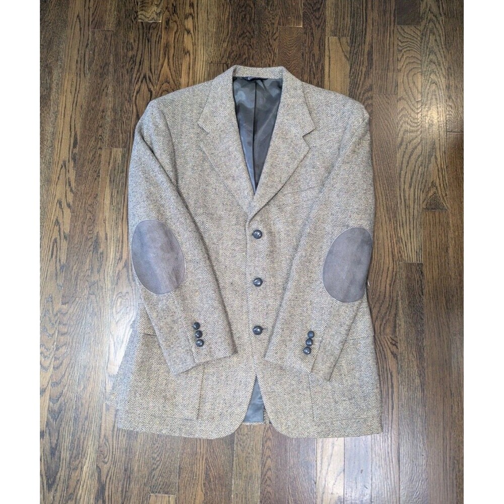 Vtg Briar Blazer Sports Coat Men's 42S Beige Gray Elbow Patches Herringbone USA